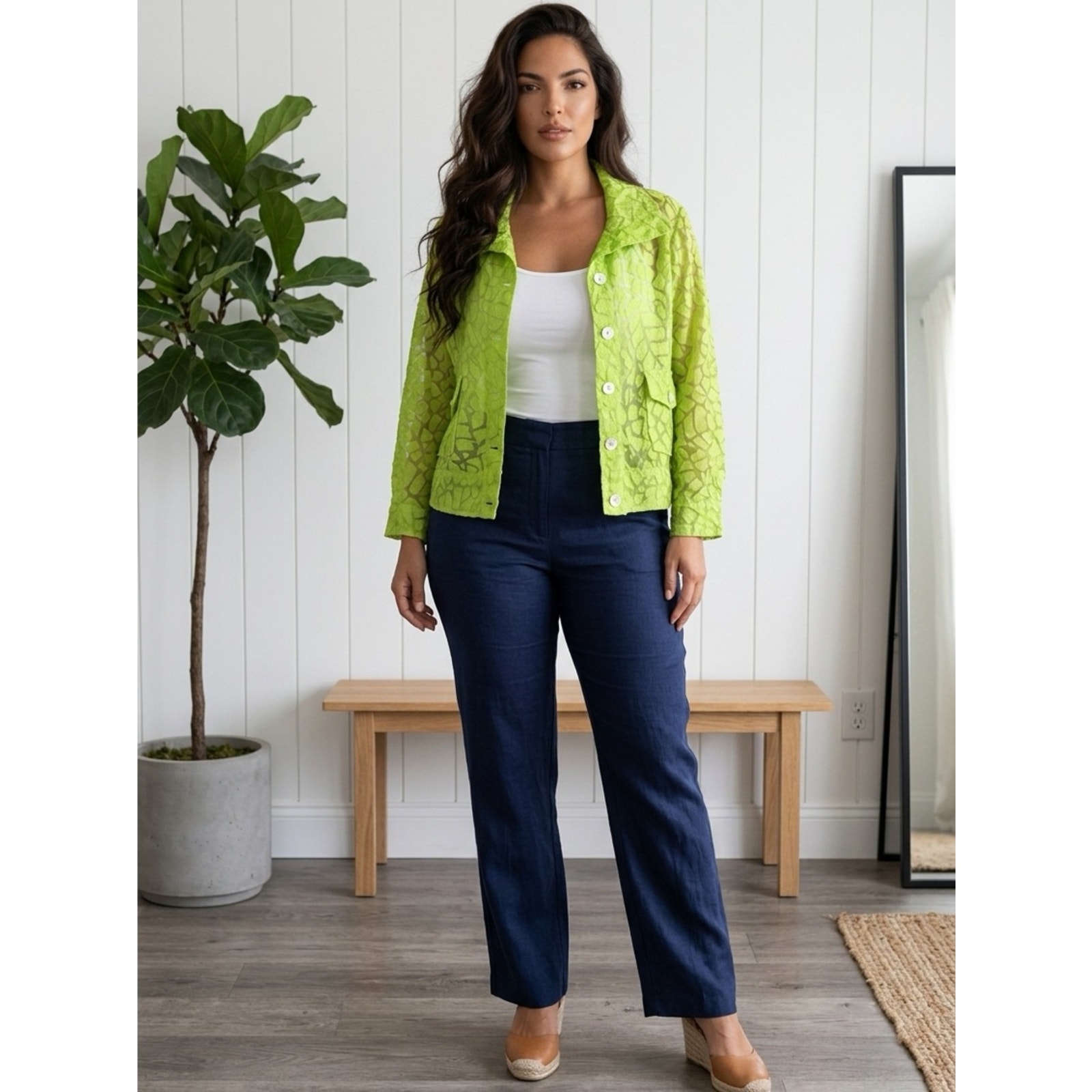 Ruby Rd. Lime Green Sheer Lace Button-Down Jacket